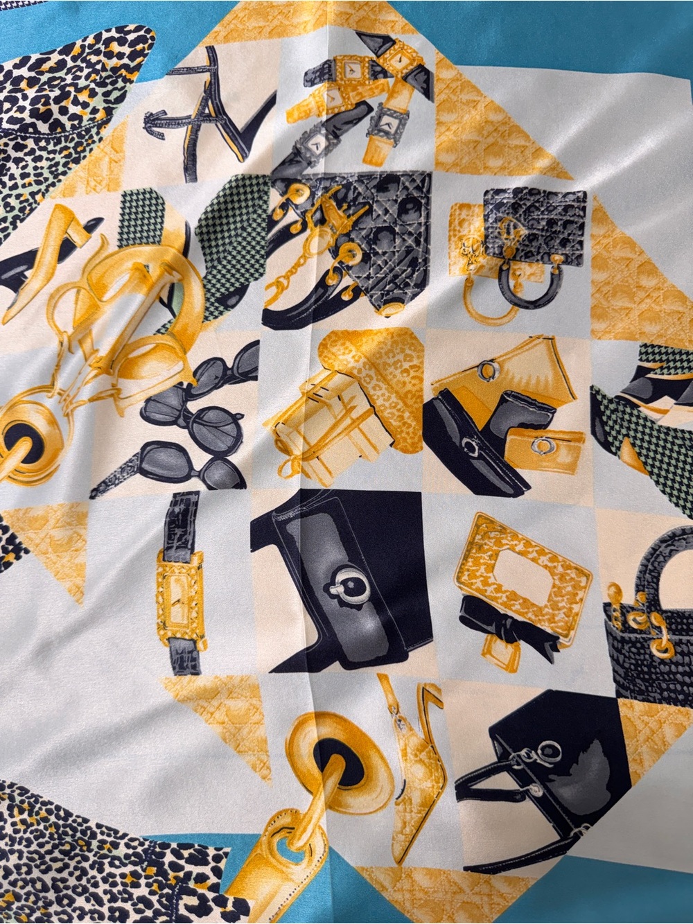 Blue, White & Gold Patterned Women’s Silk square Scarf - Picture 2 of 6